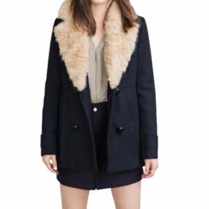 Zara Trafaluc Black Double Breasted Wool Pea Coat Faux Fur Collar Navy Blue Sz S